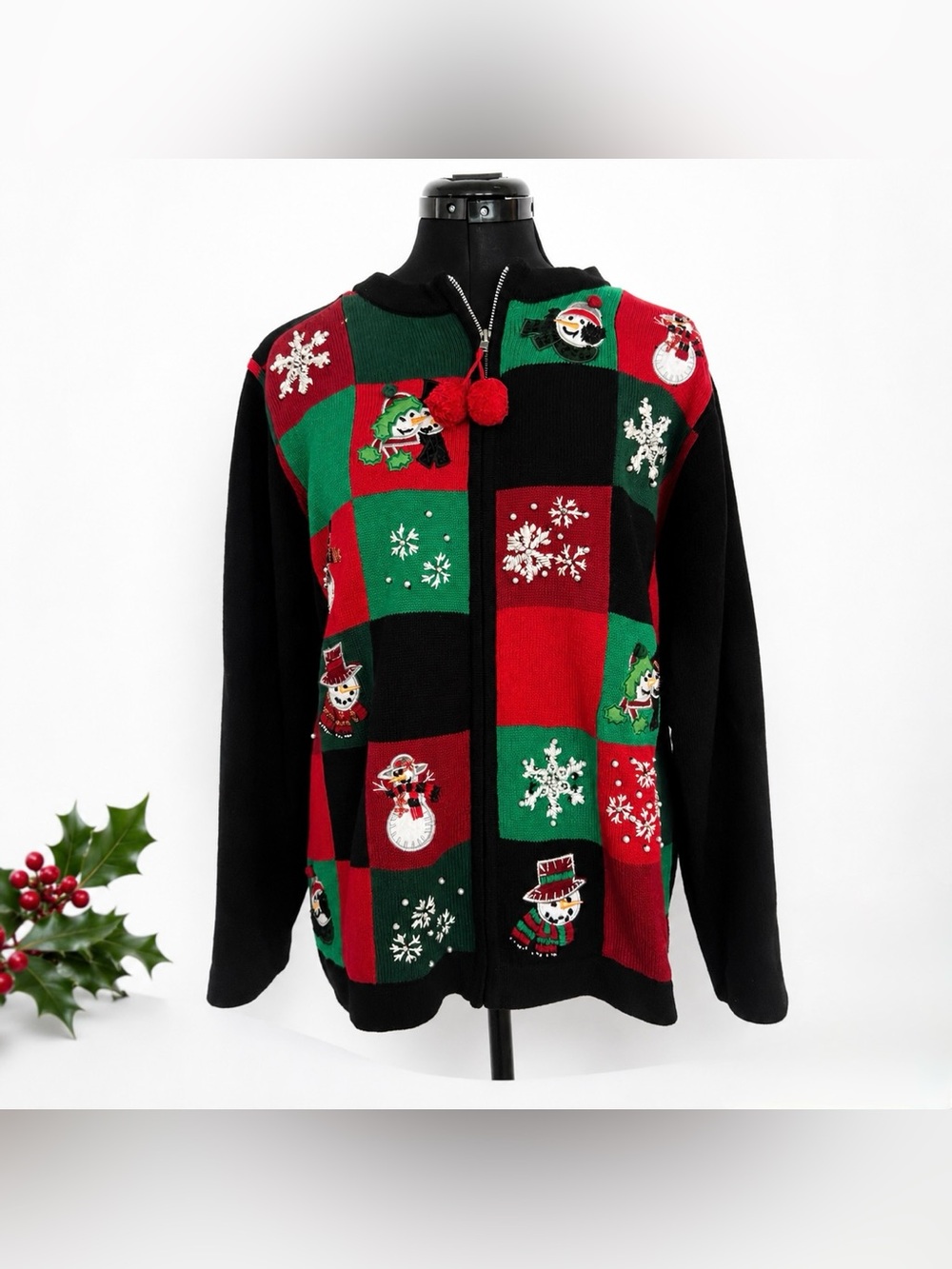 Vintage Basic Editions Christmas Holiday Patchwork Snowman Zip-Up Sweater XL